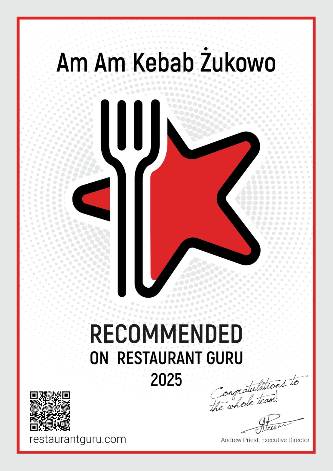 Certyfikat Recommended on Restaurant Guru 2025